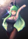  1girl animal_ears arm_up bangs bare_arms bare_shoulders black_leotard breasts c.c. cleavage code_geass commentary_request covered_navel cowboy_shot eyebrows_visible_through_hair fake_animal_ears green_hair hand_in_hair highres leotard long_hair looking_at_viewer medium_breasts pantyhose playboy_bunny poka_poka_neko rabbit_ears solo sparkle strapless strapless_leotard twitter_username very_long_hair wrist_cuffs yellow_eyes 