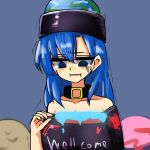  1girl bangs black_shirt blue_background blue_eyes blue_hair breasts clothes_writing collarbone crying crying_with_eyes_open earth_(ornament) eyebrows_visible_through_hair food hair_between_eyes hecatia_lapislazuli hecatia_lapislazuli_(earth) highres ise_corridor medium_breasts medium_hair off-shoulder_shirt off_shoulder polos_crown sausage shirt simple_background t-shirt tears touhou 
