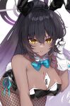  1girl :o ace_of_spades akym animal_ears bangs bare_shoulders bent_over between_breasts black_leotard blue_archive blue_bow blue_bowtie bow bowtie breasts card cleavage dark-skinned_female dark_skin detached_collar eyebrows_visible_through_hair fake_animal_ears fake_tail fishnet_legwear fishnets gloves gradient_hair hair_between_eyes halo hand_in_hair high_ponytail highres karin_(blue_archive) large_breasts leotard long_hair looking_at_viewer multicolored_hair parted_lips playboy_bunny playing_card ponytail purple_hair rabbit_ears rabbit_tail solo strapless strapless_leotard tail very_long_hair white_gloves wide_sleeves wrist_cuffs yellow_eyes 