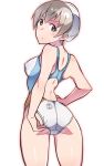  1girl adjusting_clothes adjusting_swimsuit ass bangs blonde_hair blue_swimsuit breasts closed_mouth commentary_request covered_nipples eila_ilmatar_juutilainen em_(totsuzen_no_hakike) from_behind grey_eyes hand_on_hip looking_at_viewer looking_back medium_breasts multicolored_clothes multicolored_skirt one-piece_swimsuit skirt solo standing strike_witches swim_cap swimsuit white_swimsuit world_witches_series 