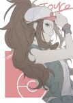  1girl baseball_cap bright_pupils brown_hair character_name closed_mouth commentary_request eyelashes from_side gopan_(pkghnman) grey_vest hand_on_headwear hand_up hat high_ponytail highres hilda_(pokemon) long_hair open_clothes open_vest poke_ball_symbol pokemon pokemon_(game) pokemon_bw shirt sidelocks signature sleeveless sleeveless_shirt smile solo vest wristband 