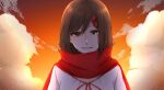  1girl brown_eyes brown_hair cloud cropped_torso dress enpera hair_ornament hairclip harunai highres kagerou_days_(vocaloid) kagerou_project looking_at_viewer open_mouth red_ribbon red_scarf ribbon scarf smile solo sunset tateyama_ayano upper_body white_dress 