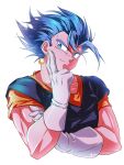  1boy blue_eyes blue_hair closed_mouth dragon_ball dragon_ball_super earrings gloves jewelry male_focus potara_earrings simple_background sm318 smile solo super_saiyan super_saiyan_blue upper_body vegetto white_background white_gloves 