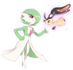  2girls angry arms_up bangs black_hair black_skin blunt_bangs bob_cut closed_mouth colored_skin commentary_request enden_(pixiv_57969220) extra_mouth eye_contact flat_chest floating from_side full_body gardevoir green_hair green_skin hair_over_one_eye hand_on_hip hand_up happy highres index_finger_raised long_hair looking_at_another mawile multicolored_skin multiple_girls open_mouth pokemon pokemon_(creature) purple_outline sharp_teeth shiny shiny_hair short_hair simple_background smile standing sweat teeth telekinesis two-tone_skin very_long_hair white_background white_skin yellow_skin 