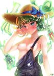  1girl absurdres bangs blush bow breasts curly_hair green_eyes green_hair hat hat_bow highres medium_breasts monty1024 naked_overalls nipples one-punch_man overalls short_hair solo straw_hat tatsumaki telekinesis white_background 