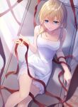  1girl asymmetrical_hair bare_legs blonde_hair blue_eyes dress gogo_(detteiu_de) highres kingdom_hearts kingdom_hearts_chain_of_memories looking_at_viewer namine parted_lips reclining red_ribbon ribbon short_dress sitting sleeveless sleeveless_dress solo white_dress 