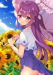  1girl ass bangs blue_dress blue_sky blush bracelet breasts cloud day dress flower frilled_umbrella hair_between_eyes hair_ribbon highres jewelry looking_at_viewer looking_to_the_side medium_breasts miwa_uni open_mouth original outdoors petals purple_hair ribbon sky solo sunflower two_side_up umbrella 