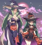  2girls absurdres alternate_costume basket black_dress black_hair black_headwear braid breasts cloud curvy dress eine_(eine_dx) embarrassed english_commentary fire_emblem fire_emblem:_three_houses fire_emblem_heroes full_moon green_eyes green_hair halloween_costume hat highres holding holding_basket holding_hands large_breasts long_hair mature_female moon mother_and_daughter multicolored_hair multiple_girls official_alternate_costume orange_hair puffy_short_sleeves puffy_sleeves purple_dress purple_headwear rhea_(fire_emblem) short_sleeves sothis_(fire_emblem) striped twin_braids twintails very_long_hair wide_hips witch_hat wrist_cuffs 