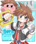  1boy blue_eyes blush blush_stickers brown_hair copy_ability crossover eromame gloves hat keyblade kingdom_hearts kingdom_hearts_i kingdom_key kirby kirby_(series) looking_at_viewer male_focus open_mouth short_hair simple_background smile sora_(kingdom_hearts) spiked_hair super_smash_bros. weapon 