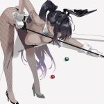  1girl animal_ears armpits ball bangs bare_shoulders bent_over billiard_ball black_hair black_leotard blue_archive blue_bow bow breasts cleavage closed_mouth cue_stick dark-skinned_female dark_skin detached_collar earrings fishnet_legwear fishnets gloves grey_background high_heels high_ponytail highres jewelry karin_(blue_archive) large_breasts leotard long_hair looking_at_viewer ltotyht playboy_bunny pool_table rabbit_ears rabbit_tail shoulder_tattoo sidelocks tail tattoo very_long_hair white_gloves wrist_cuffs yellow_eyes 