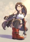  1girl arm_guards black_hair boots crop_top dangle_earrings earrings elbow_gloves eyebrows final_fantasy final_fantasy_vii final_fantasy_vii_remake fingerless_gloves full_body gloves highres hiro_ohtaki jewelry long_hair low-tied_long_hair miniskirt red_eyes red_footwear shorts shorts_under_skirt skirt smile solo squatting suspenders tank_top thighhighs tifa_lockhart very_long_hair white_tank_top 