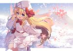  1girl :d baku-p bangs blonde_hair blue_eyes blue_sky blush bow bowtie breasts cloud commentary dress eyebrows_visible_through_hair fairy_wings flower flying full_body hair_between_eyes hat hat_bow highres lily_white long_sleeves looking_at_viewer open_mouth petals red_bow red_bowtie short_hair sky small_breasts smile snowflakes socks solo touhou waist_bow white_background white_dress white_headwear white_legwear wide_sleeves wings 