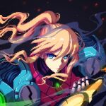  1girl arm_cannon armor bangs blonde_hair blue_eyes highres ioruko long_hair looking_at_viewer metroid metroid_dread mole mole_under_mouth ponytail power_armor power_suit samus_aran science_fiction simple_background solo upper_body weapon 