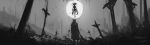  1other bloodborne cloak coat cross eldritch_abomination floating from_behind full_moon gloves greyscale hat highres holding holding_weapon hunter_(bloodborne) monochrome monster moon moon_presence outdoors saw_cleaver sky standing tentacles tripdancer weapon 