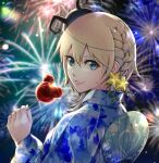  1girl blonde_hair blue_eyes candy_apple closed_mouth deco_(fj_eel) fireworks food hand_fan heart highres japanese_clothes kimono kingdom_hearts kingdom_hearts_ii long_hair looking_at_viewer mask mask_on_head namine smile solo star_(symbol) summer_festival yukata 