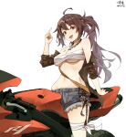  1girl absurdres ahoge arm_up bandaged_leg bandages bangs breasts brown_hair chain_necklace chest_sarashi chinese_commentary commentary_request dated eyebrows_visible_through_hair grey_shorts ground_vehicle highres hundun_no_bifang jacket large_breasts long_hair looking_at_viewer middle_finger motor_vehicle motorcycle navel off_shoulder open_clothes open_jacket original ponytail sarashi short_shorts shorts signature sitting solo stomach transparent_background underboob 
