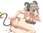  1girl adjusting_clothes adjusting_swimsuit ass bangs bare_arms bare_shoulders bikini blue_eyes blush breasts brown_bikini cleavage closed_mouth collarbone commentary_request demon_girl demon_horns demon_tail eyebrows_visible_through_hair eyepatch feet_out_of_frame frilled_bikini frills green_hair hair_between_eyes honey_strap horns lying medium_breasts mizunashi_(second_run) on_side sekishiro_mico side-tie_bikini simple_background solo swimsuit tail virtual_youtuber white_background 
