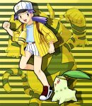  1girl :d baseball_cap belt belt_buckle blue_shirt brown_eyes brown_footwear buckle casey_(pokemon) chikorita clenched_hands commentary_request d-nezumi electabuzz eyelashes hand_up hat jacket leg_up long_hair looking_at_viewer no_socks open_mouth pokemon pokemon_(anime) pokemon_(classic_anime) pokemon_(creature) purple_hair shirt shoes shorts smile standing standing_on_one_leg striped striped_shorts tongue vertical-striped_shorts vertical_stripes white_headwear white_shorts yellow_jacket 