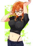 1girl artist_name black_shirt blue_pants breasts char_(vtuber) commission crop_top glasses green_eyes hand_in_hair highres indie_virtual_youtuber inns large_breasts medium_hair navel open_hand open_mouth orange_hair pants second-party_source shirt skeb_commission smile solo turtleneck virtual_youtuber 