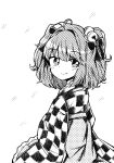 1girl ahoge bell blush checkered checkered_kimono closed_mouth greyscale hair_bell hair_ornament highres ibara_kashipan japanese_clothes jingle_bell kimono looking_at_viewer monochrome motoori_kosuzu short_hair simple_background smile touhou twintails two_side_up white_background 