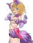  1girl aqua_eyes bangs bikkuuri_ottamageruta black_panties black_star_(module) blonde_hair blush bow elbow_gloves gloves kagamine_rin looking_at_viewer mash_kyrielight mash_kyrielight_(dangerous_beast) navel open_mouth panties pink_bow project_diva_(series) purple_fur purple_tail short_hair shy underwear vocaloid 