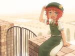  1girl :d alternate_hair_length alternate_hairstyle aqua_eyes arm_up braid brick_wall commentary day fang gate green_headwear green_vest hand_on_headwear hat hong_meiling looking_at_viewer open_mouth outdoors pants puffy_short_sleeves puffy_sleeves red_shirt shirosato shirt short_hair short_sleeves smile solo star_(symbol) touhou twin_braids vest white_pants white_shirt 
