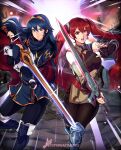  2girls armor blue_eyes blue_hair blue_legwear boots breasts brown_legwear commission falchion_(fire_emblem) fingerless_gloves fire_emblem fire_emblem_awakening gloves greaves highres knee_boots leather_armor long_hair looking_at_viewer lucina_(fire_emblem) medium_breasts multiple_girls red_eyes red_hair severa_(fire_emblem) sparkartworks sword twintails twitter_username weapon 