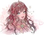  1girl artist_name bangs bow character_name english_commentary eyebrows_visible_through_hair green_eyes hair_bow heart hodusae miori_celesta myholo_tv open_mouth pink_bow portrait sketch smile solo star_(symbol) treble_clef_hair_ornament virtual_youtuber 