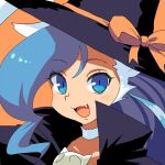  1girl animal_ears blue_eyes blue_hair body_fur cat_ears choker fangs felicia_(vampire) halloween hat long_hair looking_at_viewer muu_(mumumer) open_mouth simple_background smile solo vampire_(game) witch_hat 