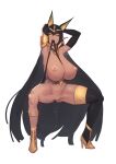  1girl animal_ears armpits arms_behind_head autoarousal beeeeen between_breasts black_hair black_legwear breasts censored circlet commentary_request dark-skinned_female dark_elf dark_skin egyptian elbow_gloves elf eyeshadow gloves gorget green_eyes high_heels highres huge_breasts jackal_ears jewelry last_origin long_hair looking_at_viewer makeup mosaic_censoring mouth_hold nipples nude pointy_ears pussy_juice pussy_juice_trail sekhmet_of_death simple_background single_thighhigh solo squatting thighhighs very_long_hair 