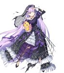  1girl absurdly_long_hair arm_up bangs black_dress black_footwear dress eyebrows_visible_through_hair fire_emblem fire_emblem:_the_binding_blade fire_emblem_heroes frills full_body highres holding jewelry lolita_fashion long_dress long_hair long_sleeves looking_away necklace official_art one_eye_closed purple_eyes purple_hair see-through shiny shiny_hair solo sophia_(fire_emblem) stuffed_toy torn_clothes torn_dress transparent_background urata_asao veil very_long_hair wrist_cuffs 