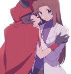  2girls bangs brown_eyes brown_hair cape closed_mouth commentary_request courtney_(pokemon) daisy_oak eyelashes fake_horns gloves green_eyes hand_on_another&#039;s_shoulder hand_up hood hood_up hooded_cape horns jewelry labcoat long_hair looking_at_viewer multiple_girls necklace pants pokemon pokemon_adventures purple_shirt red_cape shirt short_hair team_magma_uniform yui_ko 