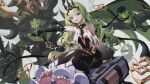  1girl :p absurdres asc11 asymmetrical_gloves bangs barefoot black_dress black_gloves breasts chinese_commentary commentary_request detached_sleeves dress elbow_gloves gloves green_hair green_nails headpiece highres honkai_(series) honkai_impact_3rd long_hair long_sleeves looking_at_viewer medium_breasts mobius_(honkai_impact) nail_polish pink_eyes single_elbow_glove single_sleeve sitting soles solo toenail_polish toenails toes tongue tongue_out uneven_gloves wide_sleeves 