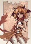 1girl alternate_color animal_ears armor assassin_cross_(ragnarok_online) bangs black_wings breasts brown_cape brown_eyes brown_hair brown_leotard cape cat_ears commentary cowboy_shot demon_wings ekaterina_orange english_commentary eyebrows_visible_through_hair head_wings leg_wrap leotard long_hair looking_at_viewer medium_breasts open_mouth outside_border pauldrons photoshop_(medium) ragnarok_online red_scarf scarf shoulder_armor skull solo stuffed_animal stuffed_panda stuffed_toy torn_cape torn_clothes torn_scarf waist_cape watermark web_address wings 