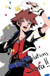  1boy absurdres blazpu blue_eyes brown_hair confetti fingerless_gloves gloves highres hood jewelry kingdom_hearts kingdom_hearts_i male_focus necklace open_mouth short_hair smash_invitation smile solo sora_(kingdom_hearts) spiked_hair super_smash_bros. 