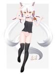  1girl :3 absurdres ahoge animal_ear_fluff animal_ears armpits arms_up ass_visible_through_thighs bell black_camisole black_choker black_legwear blush bottomless camisole choker collarbone dot_nose fangs fox_ears fox_girl fox_shadow_puppet fox_tail frenchi_yuzuriha hair_bell hair_between_eyes hair_ornament hair_ribbon hair_tubes highres indie_virtual_youtuber jingle_bell kamiko_kana long_hair looking_at_viewer multicolored_hair off_shoulder open_mouth panties pink_panties ribbon signature skindentation solo streaked_hair striped striped_panties tail thighhighs twintails underwear very_long_hair virtual_youtuber white_hair yellow_eyes 