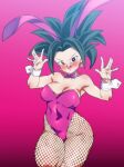  1girl :d animal_ears black_eyes black_hair blush breasts cleavage covered_navel curvy dragon_ball dragon_ball_super earrings fake_animal_ears fishnets gradient gradient_background heart heart-shaped_pupils highleg highleg_leotard jewelry kefla_(dragon_ball) leotard open_mouth pink_background pink_leotard playboy_bunny potara_earrings rabbit_ears rom_(20) simple_background smile solo spiked_hair symbol-shaped_pupils wrist_cuffs 