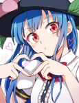  1girl bangs black_headwear blue_hair center_frills eyebrows_visible_through_hair frills heart heart_hands hinanawi_tenshi long_hair looking_at_viewer mikagami_hiyori puffy_short_sleeves puffy_sleeves red_eyes short_sleeves simple_background solo touhou upper_body white_background 