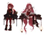  2girls absurdres ahoge asymmetrical_legwear bandage_on_face bandages bare_shoulders black_footwear black_jacket breasts closed_mouth dungeon_and_fighter highres hw jacket jacket_on_shoulders long_hair mage_(dungeon_and_fighter) multiple_girls pointy_ears red_hair red_legwear short_hair simple_background sitting small_breasts smile summoner_(dungeon_and_fighter) thigh_strap thighhighs twintails very_long_hair white_background witch_(dungeon_and_fighter) 