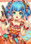  1girl :d bangs berry_(shining_star) blue_eyes blue_hair blue_nails blush bow breasts choker dress drill_hair earrings food hair_bow hair_ornament heart highres ice_cream jewelry looking_at_viewer nail_polish open_mouth red_choker red_dress rnskkn shining_star small_breasts smile solo twin_drills w 