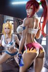  2girls artist_name ass back bangs banned_artist blonde_hair blue_shorts bottle breasts brown_eyes cleavage commentary english_commentary erza_scarlet fairy_tail gym hair_between_eyes hair_over_one_eye large_breasts looking_at_viewer looking_back lucy_heartfilia multicolored_clothes multicolored_shorts multiple_girls open_mouth parted_lips ponytail sarashi short_shorts shorts side_ponytail signature squatting sweat sweatdrop swept_bangs thighs water_bottle weightlifting weights zumi_(zumidraws) 