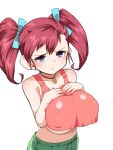  1girl bakusou_kyoudai_let&#039;s_&amp;_go!! bakusou_kyoudai_let&#039;s_&amp;_go!!_max blush breasts collarbone commentary covered_nipples huge_breasts long_hair looking_at_viewer midriff navel oogami_marina purple_eyes red_hair shorts simple_background solo twintails underboob white_background zootan 