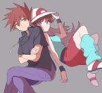  1boy 1girl bangs blue_oak brown_hair closed_mouth collared_shirt commentary_request crossed_arms green_(pokemon) green_eyes green_legwear green_shirt grey_background grey_eyes hand_on_headwear hand_up hat highres jewelry leg_warmers long_hair necklace pants pokemon pokemon_adventures purple_pants red_skirt shirt shoes short_hair short_sleeves simple_background skirt sleeveless sleeveless_shirt smile spiked_hair white_footwear white_headwear wristband yui_ko 