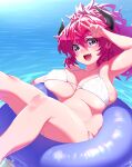 1girl afloat alma_(onsoku_inu) arm_up bikini breasts commentary_request fang highres horns innertube large_breasts legs_up long_hair looking_at_viewer lying ocean on_back onsoku_inu open_mouth original outdoors purple_eyes red_hair solo swimsuit tareme w water white_bikini 