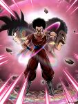  3boys afro arm_hair aura black_footwear black_hair blue_sash blue_wristband brown_pants brown_shirt chest_hair commentary_request debris dougi dragon_ball dragon_ball_z dragon_ball_z_dokkan_battle earrings facial_hair floating full_body fusion glowing gotan jewelry looking_at_viewer male_focus manly mr._satan multiple_boys mustache official_style orange_shirt pants potara_earrings rainbow ryuunosuke_(ryunosuke_625) sash serious shirt short_sleeves signature smirk son_goku sparkle sparkle_background spiked_hair stubble sweatdrop thumbs_down wristband 