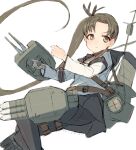  1girl adapted_turret alchera ayanami_(kancolle) black_sailor_collar black_skirt brown_eyes brown_hair cannon commentary_request kantai_collection long_hair looking_to_the_side machinery pleated_skirt remodel_(kantai_collection) sailor_collar school_uniform serafuku side_ponytail simple_background skirt solo torpedo_launcher turret white_background 