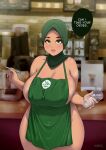  1girl apron barista blush breasts cafe covered_nipples cowboy_shot cup dark-skinned_female dark_skin english_commentary english_text green_eyes highres hijab hijabolic holding holding_cup holding_pen huge_breasts iced_latte_with_breast_milk_(meme) indoors looking_at_viewer meme mixed-language_commentary mole mole_on_breast naked_apron original parted_lips pen shadow solo speech_bubble 
