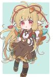  1girl animal_ears backpack bag bangs beads blonde_hair boots border brown_dress chibi collared_dress commentary_request dress eno_(preno_gb) frilled_dress frilled_sleeves frills granblue_fantasy green_background hair_beads hair_ornament hair_ribbon harvin highres holding holding_bag long_hair long_sleeves looking_at_viewer mahira_(granblue_fantasy) official_alternate_costume outside_border parted_lips red_eyes red_ribbon ribbon sidelocks solo white_border wings 
