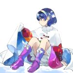  1girl bloomers blue_eyes blue_hair boots bow cape cloak dress frills kaigen_1025 multicolored_clothes multicolored_hairband patchwork_clothes pink_footwear rainbow_gradient red_button short_hair simple_background sitting sky_print tenkyuu_chimata touhou two-sided_cape two-sided_fabric underwear white_background white_bow white_cape white_cloak zipper 