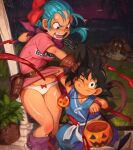  1boy 1girl ;) absurdres angry black_hair blue_hair blush bow bow_panties bulma character_name closed_mouth clothes_lift clothes_writing commentary dougi dragon_ball dragon_ball_(classic) dragon_ball_(object) english_commentary halloween highres khyle. lifted_by_another looking_at_another looking_at_viewer nyoibo one_eye_closed open_mouth panties skirt skirt_lift smile son_goku spiked_hair teeth thighs turtle umigame_(dragon_ball) underwear white_panties 